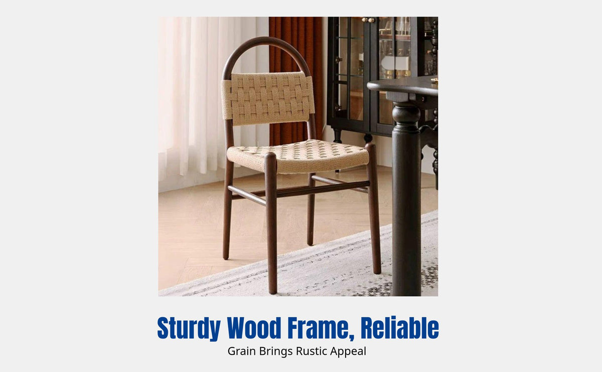French Vintage Dining Chair, Solid Wood Frame, Handwoven Rope Seat, Retro Woven Backrest, Home Living Room, Leisure Vanity Chair