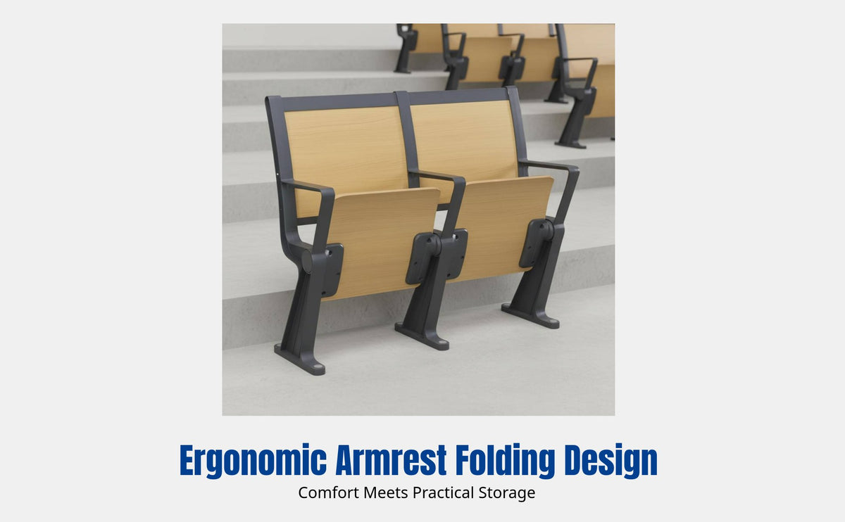 Lecture Chair, Sturdy Wood Auditorium Seating, Metal Frame, Foldable Armrest, University Classroom