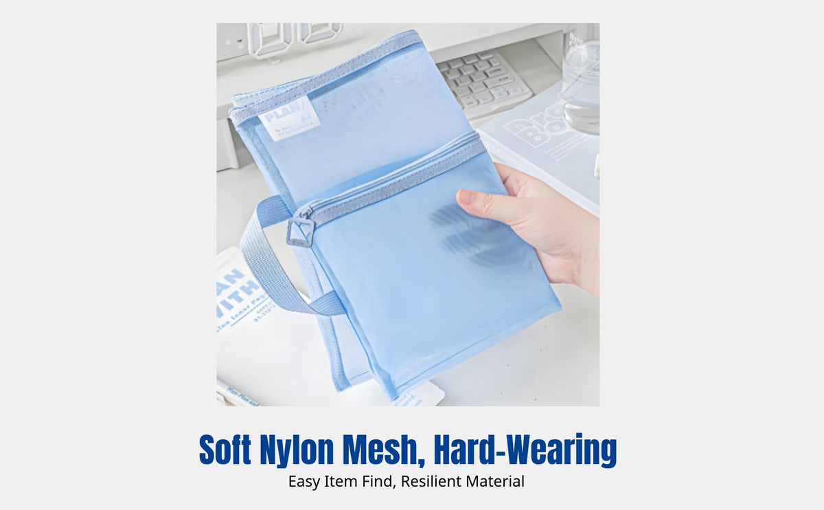 Letter-Size Mesh Document Bag, Nylon Organizer, Large Capacity, Foldable, Soft, Fastener, Double Pocket, Multi-Color, Portable