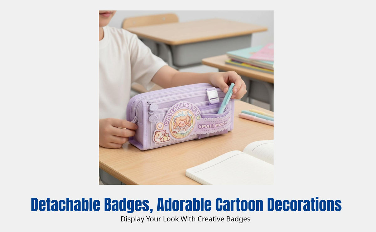 Large Capacity Pencil Case, Layered Storage, Cute Cartoon Patch, Waterproof, Girls, Students