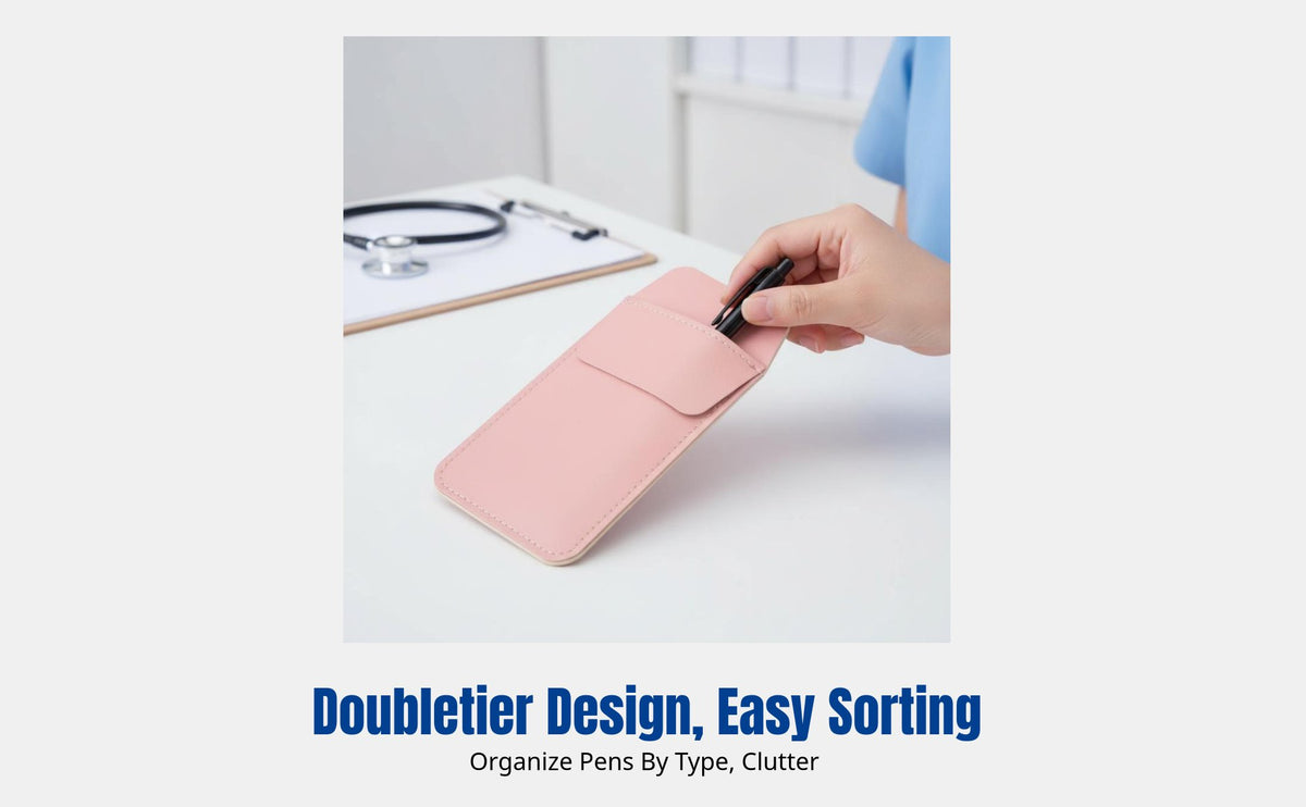 PU Leather Large Capacity Pen Pouch, Double Compartment, Durable Portable Pen Sleeve, Multi-Functional Pocket