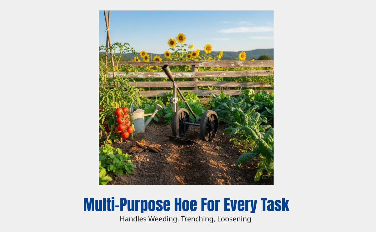 Double-Wheel Hoe, Triple-Function Multi-Purpose Triangle Plow, Efficient Weeding, Soil Loosening, Furrow Opener