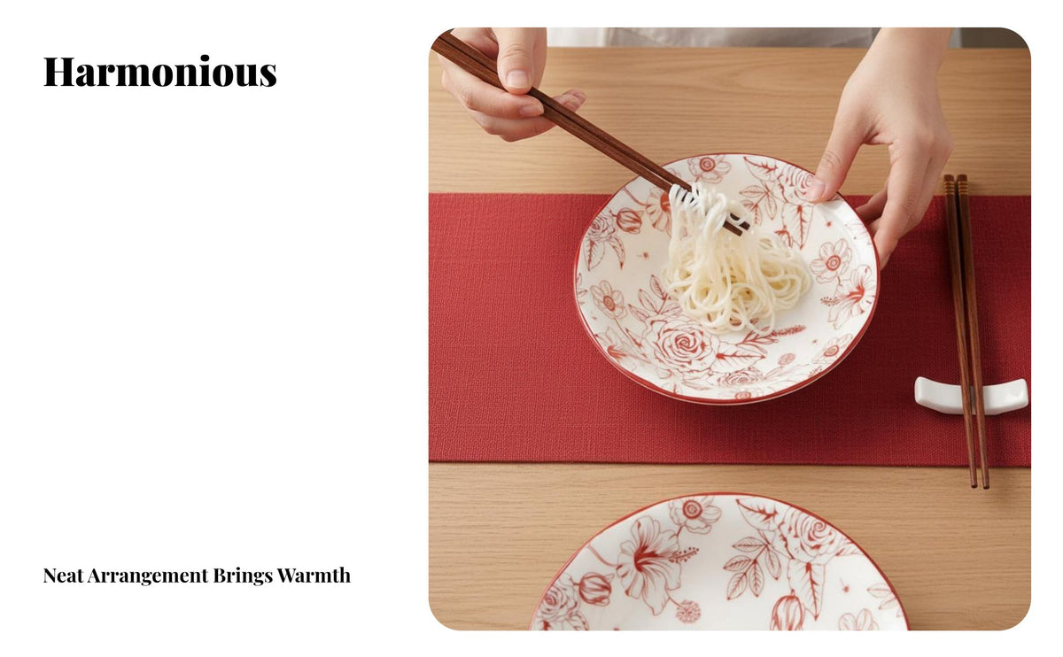 Ceramic Bowl Set, Red Wedding Tableware, Elegant Floral Dinnerware for Adults