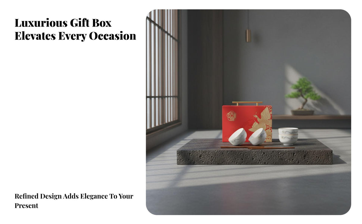 Ceramic Bowl and Chopsticks Gift Set, Auspicious Red, Custom Symbol, Business Gift Box