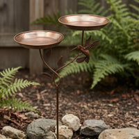 Vintage-Style Iron Bird Feeder Stake Copper-Brown Finish doubleDish Bird Feeder Shallow Round Bowls