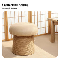 Toadstool-Like Shape Rope-Wrapped Round Stool Solid Wood Frame Small Round Ottoman Hand-Woven Design Footstool Extra Seating for Homeowners, Parents, Renters, Tatami Room, Entryway, Bedroom, Nursery
