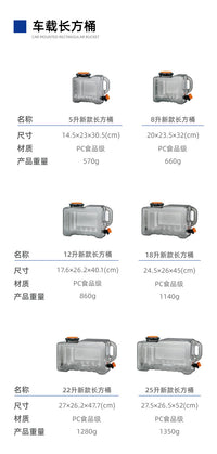 Rectangular Water Bucket for Camping, Food-Grade PC Plastic, 5-25L Options