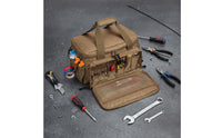 Water-Resistant Material Heavy Duty Tool Bag Waterproof Bottom Multi-Pocket Tool Tote Large Opening Padded Handle for Electricians, Carpenters, Mechanics, Home Improvement, Jobsite, Outdoor Maintenance