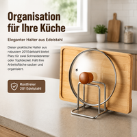 Lid Holder Cutting Board Stand, Freestanding Lid Organizer made of 201 Stainless Steel, Kitchen Organizer with 2 Compartments, Polished Silver