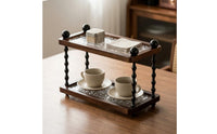 Dark Brown Two-Tier Storage Rack Textured Tabletop Tray Rack Twisted Posts Wooden Tray Organizer Clear for Desk, Vanity, Entryway