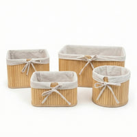 4 Pieces Natural Woven Basket with Lining Artisanal Bamboo Storage Basket Compact Desktop Organizer Rustic for Bathroom
