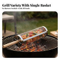 Rolling Grill Basket 360 Degree Rotation Rolling Grilling Basket Anti-Scald Handle Cylindrical BBQ Mesh Cage for Outdoor, Camping, Tailgating
