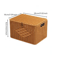 Natural Brown Imitation-Rattan Storage Box Rounded Edges Handmade Lidded Box Handle Openings Rectangular Storage Basket Handwoven