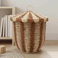 Scalloped Rim Paper Rope Basket Star Handle Lidded Basket Textured Household Storage Decorative