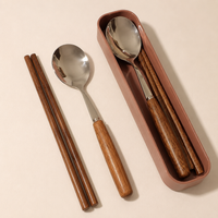 Wooden Stainless Steel Cutlery Set, Spoon, Fork Set, 3-Piece Set, With Case, Portable, For Students, For Adults