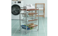 Mobile 4-Tier Storage Cart with Wooden Top Multi-Purpose Slim Rolling Cart with Handle Sturdy Rolling Organizer with Wire Baskets Smooth for Kitchen