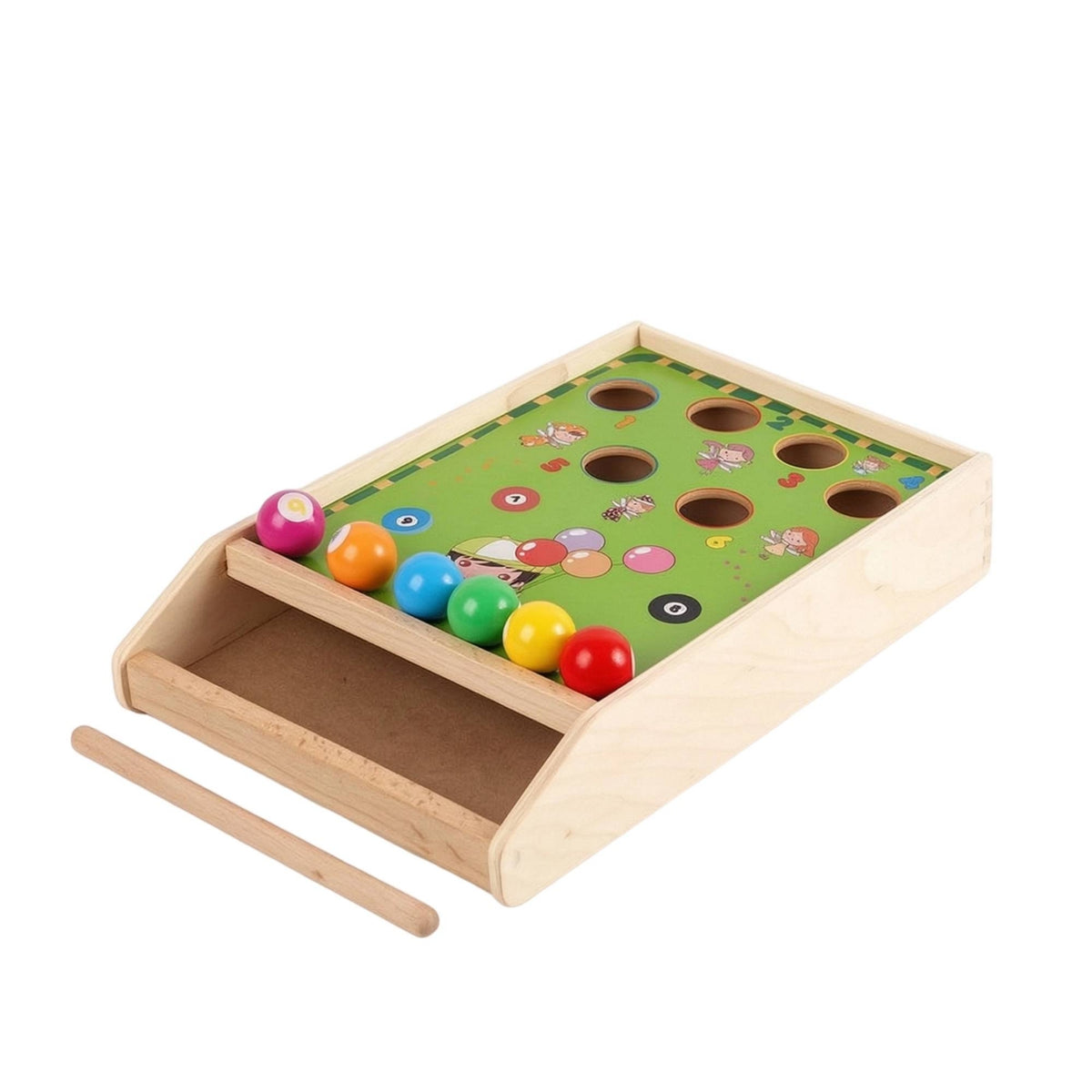 Wooden Tabletop Ball Game with Cue Mini Tabletop Billiards Game Portable Space-Saving for Families