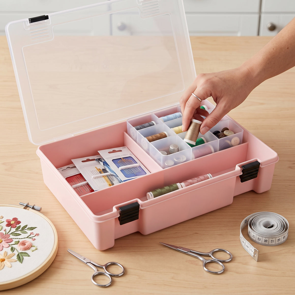 Multifunctional Sewing Thread Storage Box with Lid, Transparent Plastic Organizer for Home Sewing Kits