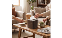 Wooden Tissue Box with Leather Rounded Corner Desktop Tissue Box Striped Home Decor for Coffee Table, Office