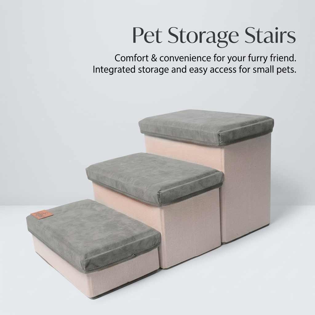 Pet Ladder for Bed and Couch, Foldable Dog Stairs with Storage for Small Portable Pet Steps Indoor Bedroom, Grey Velvet All Season