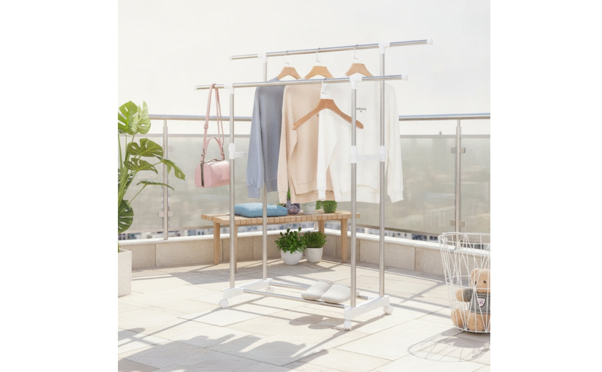 Telescoping Double Rod Garment Rack Space-Saving Rolling Clothes Rack with Shelf Easy Mobility Sturdy for Laundry Room