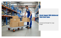 Folding Hand Cart, 6-Wheel Quiet Flatbed, Sturdy Iron Frame, Removable Fence, for Factory & Home Transport