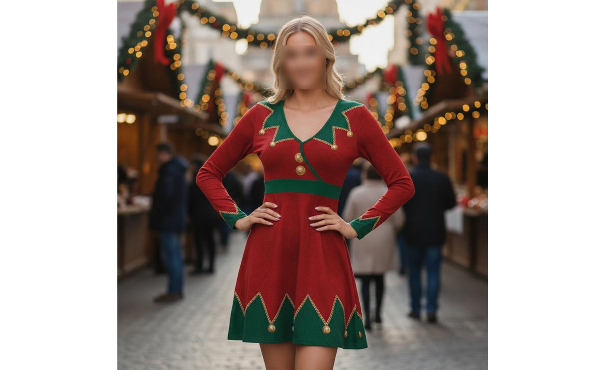 Christmas Fairy-Tale Costume Festive Christmas Dress with Gold Trim Colorful Fairy-Tale Costume for Women, Cosplayers, Holiday Photo Shoots