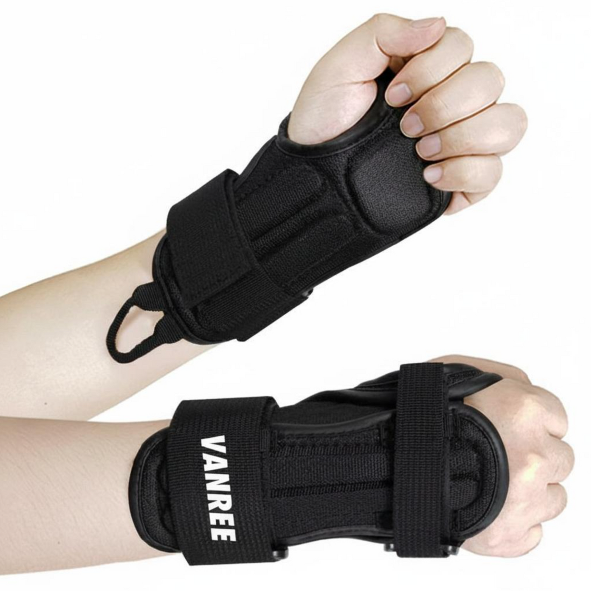 Black wrist guards reduce vibration.