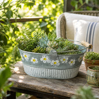 Galvanized Iron Planter with Handles Rustic Oval Metal Planter Embossed Floral Metal Plant Pot with Handles for Balcony