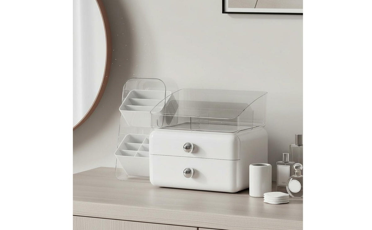 Desktop Cosmetic Organizer with Drawers Large Capacity Modular Makeup Storage Box Modern Design Skincare Display Case with Brush Holder for Dorm Room