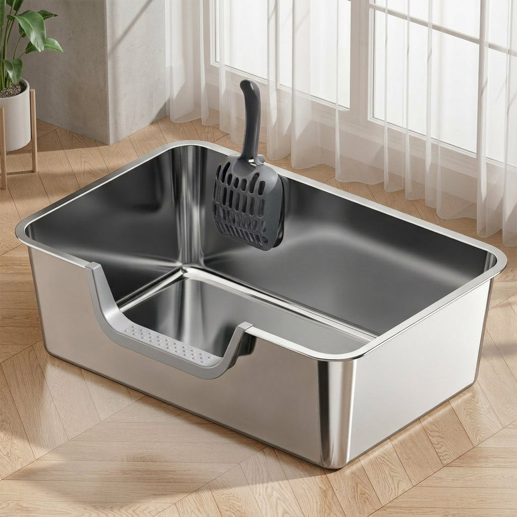 Stainless Steel Cat Toilet with Lid, Large Adult Cats Tray, Easy Cleaning Side Entry Pan for Kitten and Big Pets