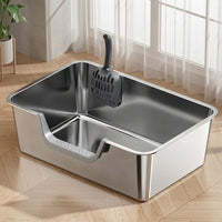 Stainless Steel Cat Toilet with Lid, Large Adult Cats Tray, Easy Cleaning Side Entry Pan for Kitten and Big Pets