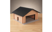 Gabled Roof Parking Garage Model Beige Log-Style Walls Miniature Parking Garage Open-Front