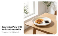 White Dumpling Plate with Sauce Dish Glossy Plate with Dipping Bowl Raised Rim 3 Compartment Snack Dish Integrated Piece