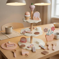 Wooden Dessert Stand Toy Rounded Edges Dessert Stand Playset Printed Details Pretend Tea Time Set for Children