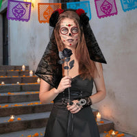 Black Lace Choker Necklace Sugar-Skull Design Lace Headband Transparent Mesh