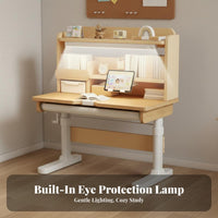 Child's Writing Table with Chair Wooden Student Writing Desk with Hutch Ergonomic Height Adjustable Homework Station Built-in Lamp Suitable for Kids Study Room Home School