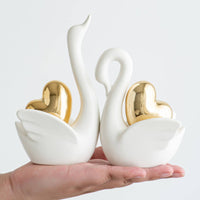 Tall and Short Set Ceramic Swan Figurine Gold Accent Ceramic Swan Decor Matte Decorative Ornament Pair for Living Room, Entryway, Wine Cabinet