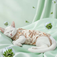Female Cat Recovery Suit in Plant Pattern, Spay and Neuter Suit for Cats, Sleeveless Post Surgery Cat Clothes for Anti Licking Protection