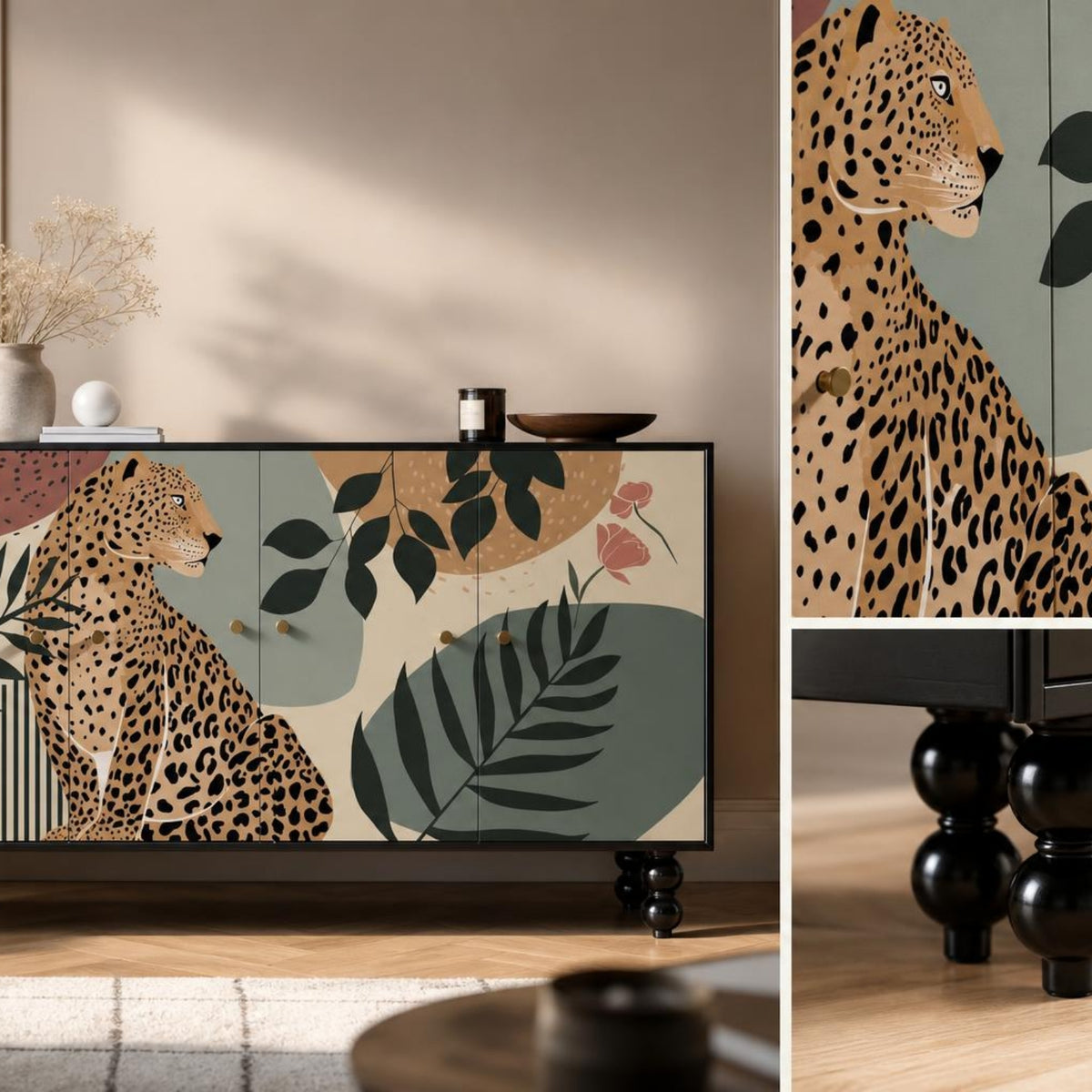 Cabinet with Doors Decorative Floor Cabinet Printed Credenza for Living Room, Entryway