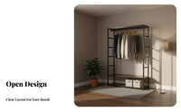 Exposed Concept Unrestricted Standing Closet System Large Capacity Multi-Section Clothing Organizer Space Saving Garment Rack Sturdy Frame for Apartment Dwellers, Homeowners, Families, Bedroom, Dressing Room, Basement
