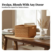 Multi-Purpose Nesting Woven Box Set Natural Look Lidded Rectangular Container Decorative Accent Organizer Basket Stackable Design for Decor aficionados, Office Workers, Desktop, Bedroom, Living Room, Shelves