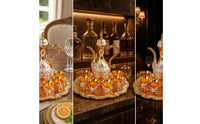 Ornate Wine Serving Set with Tray Gold-Toned Ewer and Cup Set Embossed Wine Goblets Vintage Style for Hosts, Collectors, Weddings, Home Bar, Dining Room, Housewarming
