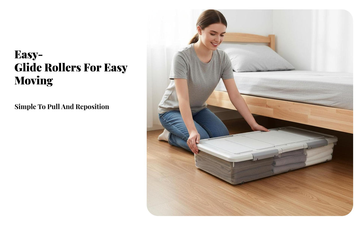 With casters Rolling Storage Drawer Low height Flat Rolling Bin Large Capacity Underbed Container Sturdy Construction for Apartment Dwellers, Homeowners, Under Bed, Bedroom, Dorm Room, Basement