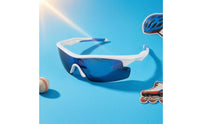 Close-Fitting Mirrored Visor Sunglasses Blue Accents Curved-Around Sports Sunglasses Lightweight Athletic Curved-Around Shades for Cycling, Training, Skating