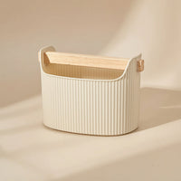 Waste Bin with Wood Handle Ribbed Trash Can Compact for Bathroom Vanity