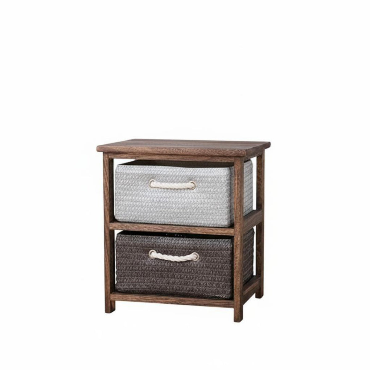 Narrow Bedside Storage Cabinet with Woven Baskets Solid Wood Frame Drawer Space Saving Nightstand for Bedroom, Living Room, Hallway