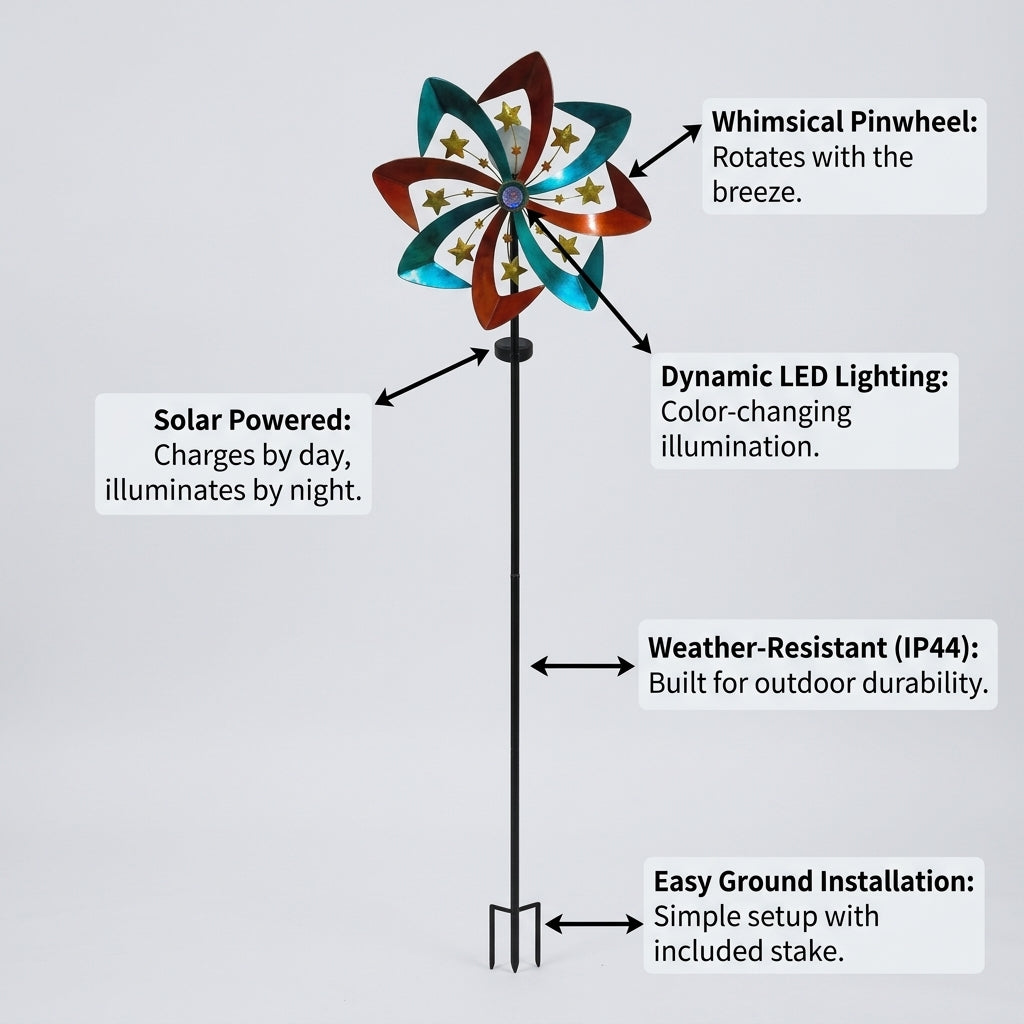 Solar Powered Windmill Garden Stake Light, Metal Wind Spinner for Outdoor Color Changing Lawn Decoration for Gardeners