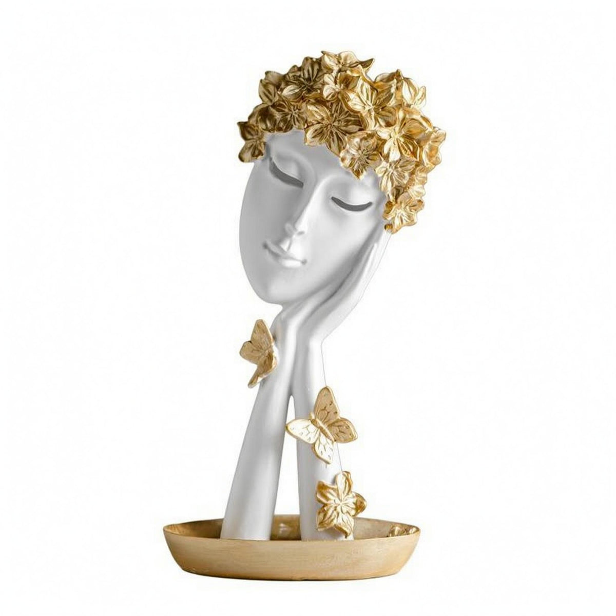 Floral Headdress Decorative Face Figurine Gold Finish Abstract Face Statue Resin Tray Base Sculpture Butterfly Accents