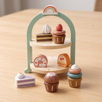 Wooden Dessert Rack with Imitation Desserts Tabletop Cake Toy with Cupcake Stand Colorful Wooden Dessert Playset for Kids, Playroom, Preschool